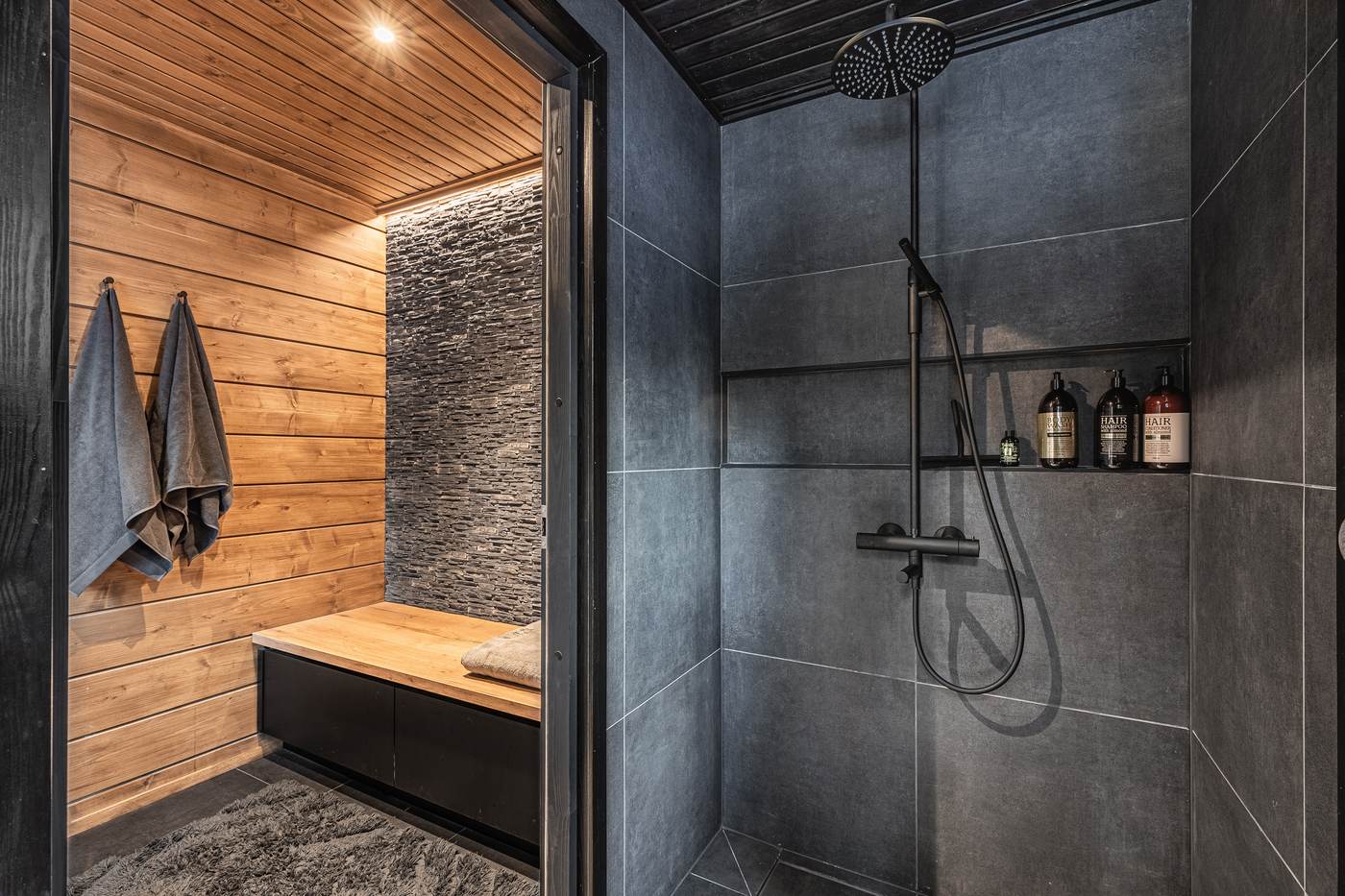 Rain shower next to the sauna changing room