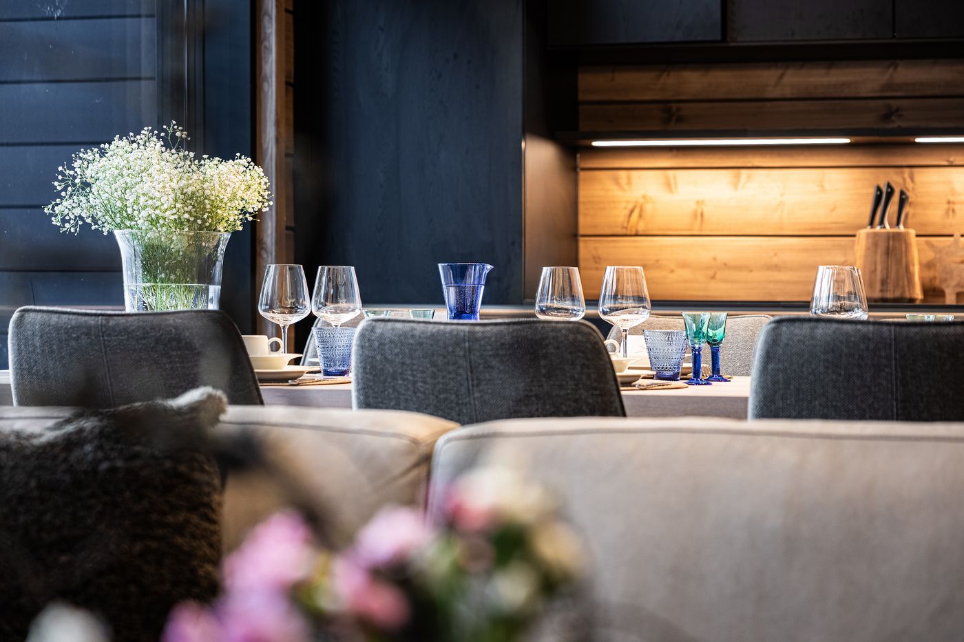 Table laid with blue glassware