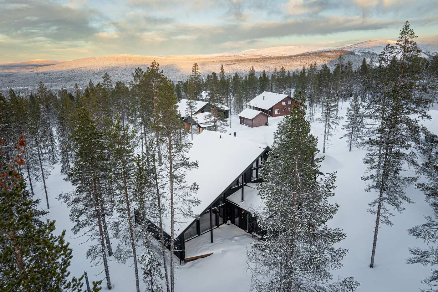 Aerial view of the villa in the forest at sunset