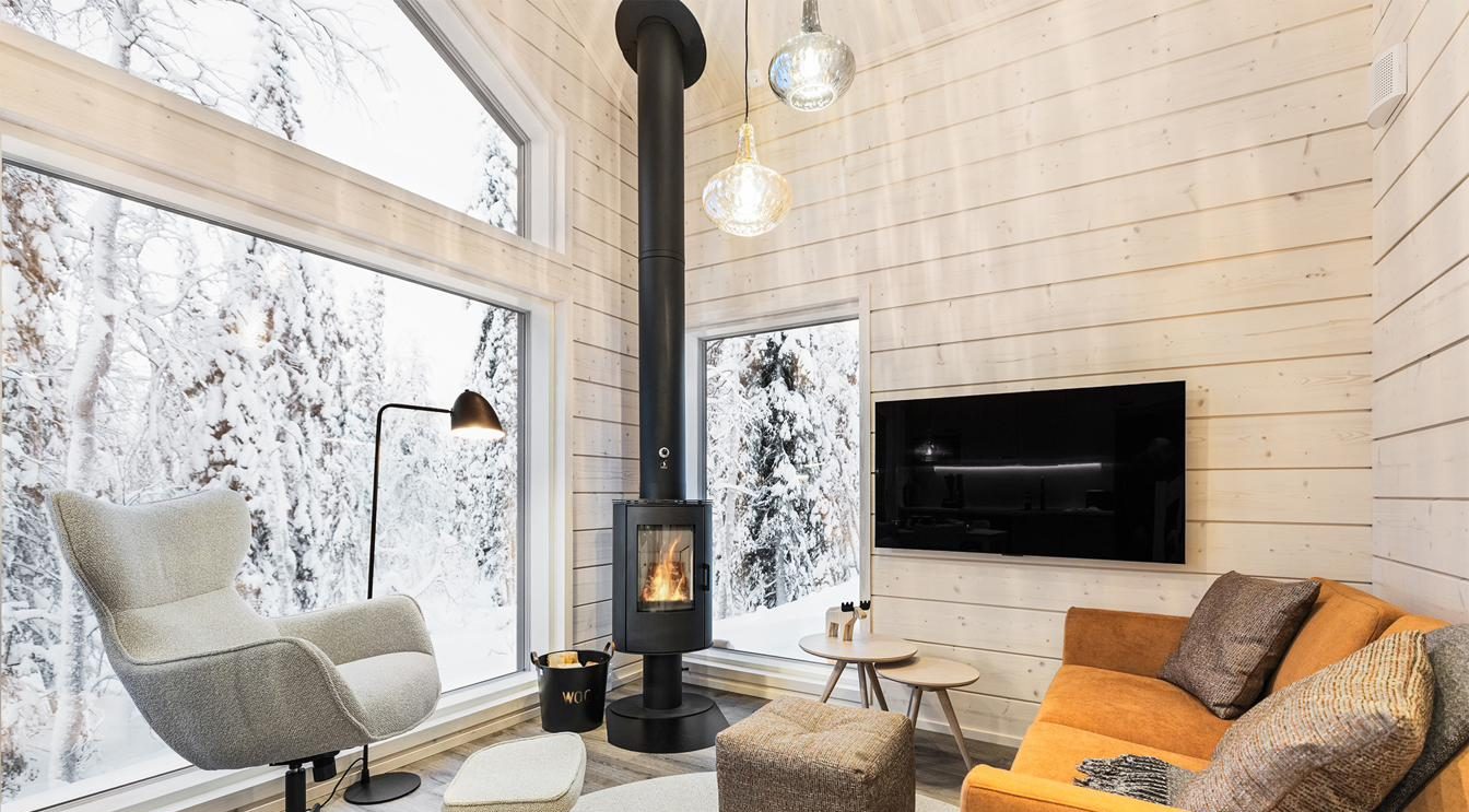 Woonkamer met houtkachel en uitzicht op het besneeuwde bos